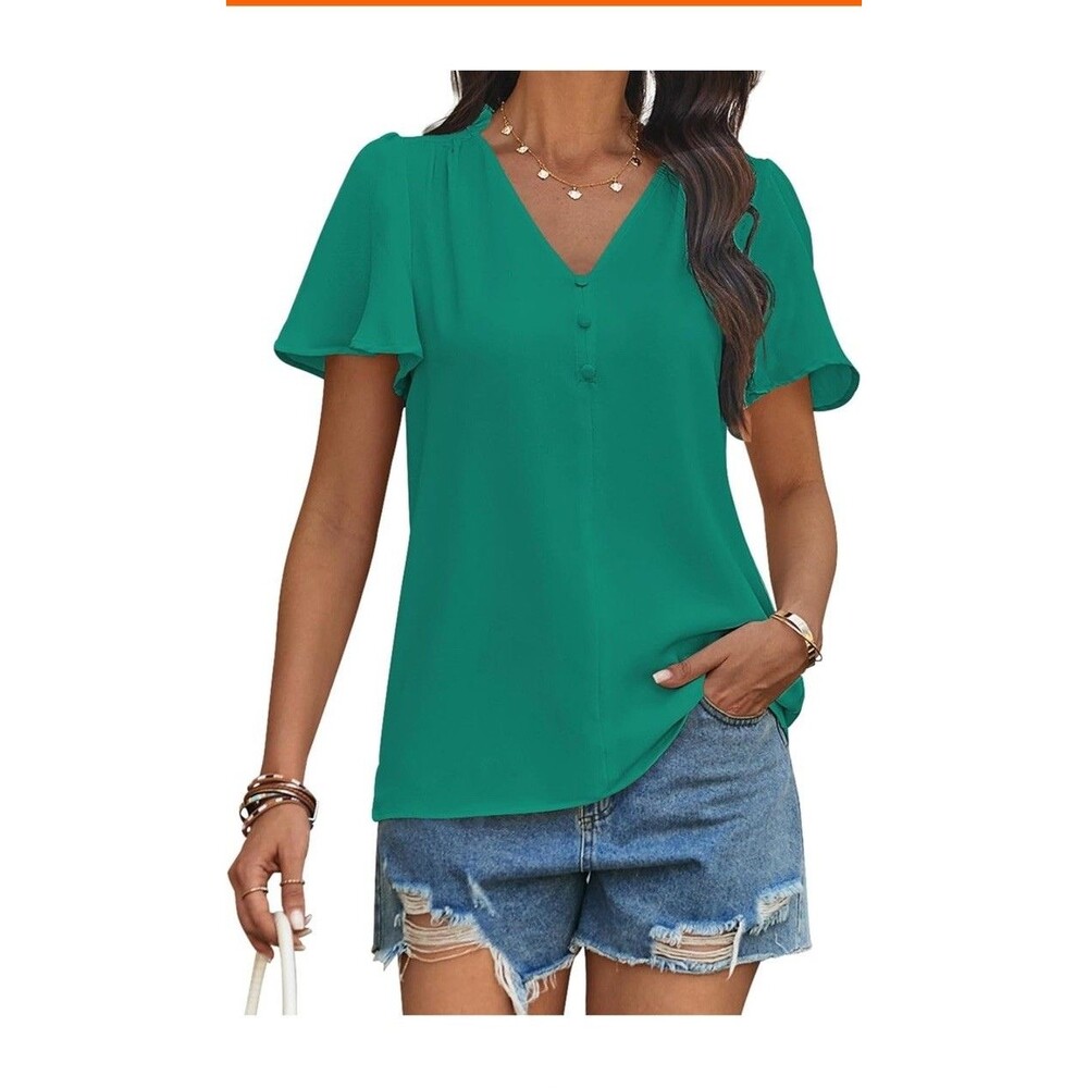 Womens  Dressy Chiffon Blouses V Neck Short Sleeve Tops Flutter Teal XL